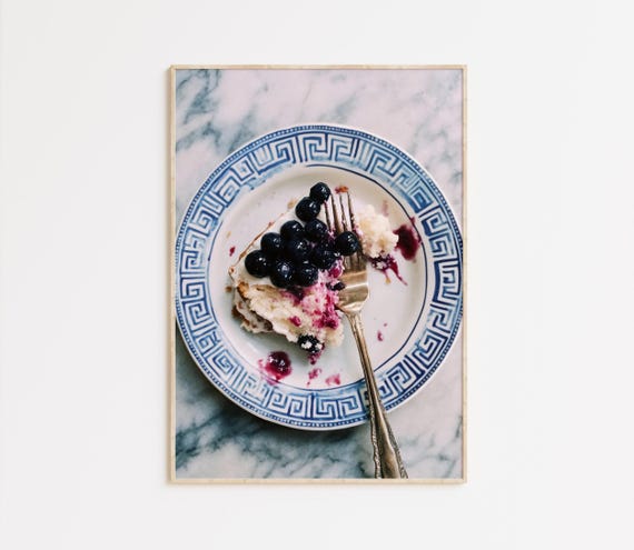 Berries Cake Art Print Trendy Blue Kitchen Dessert Wall