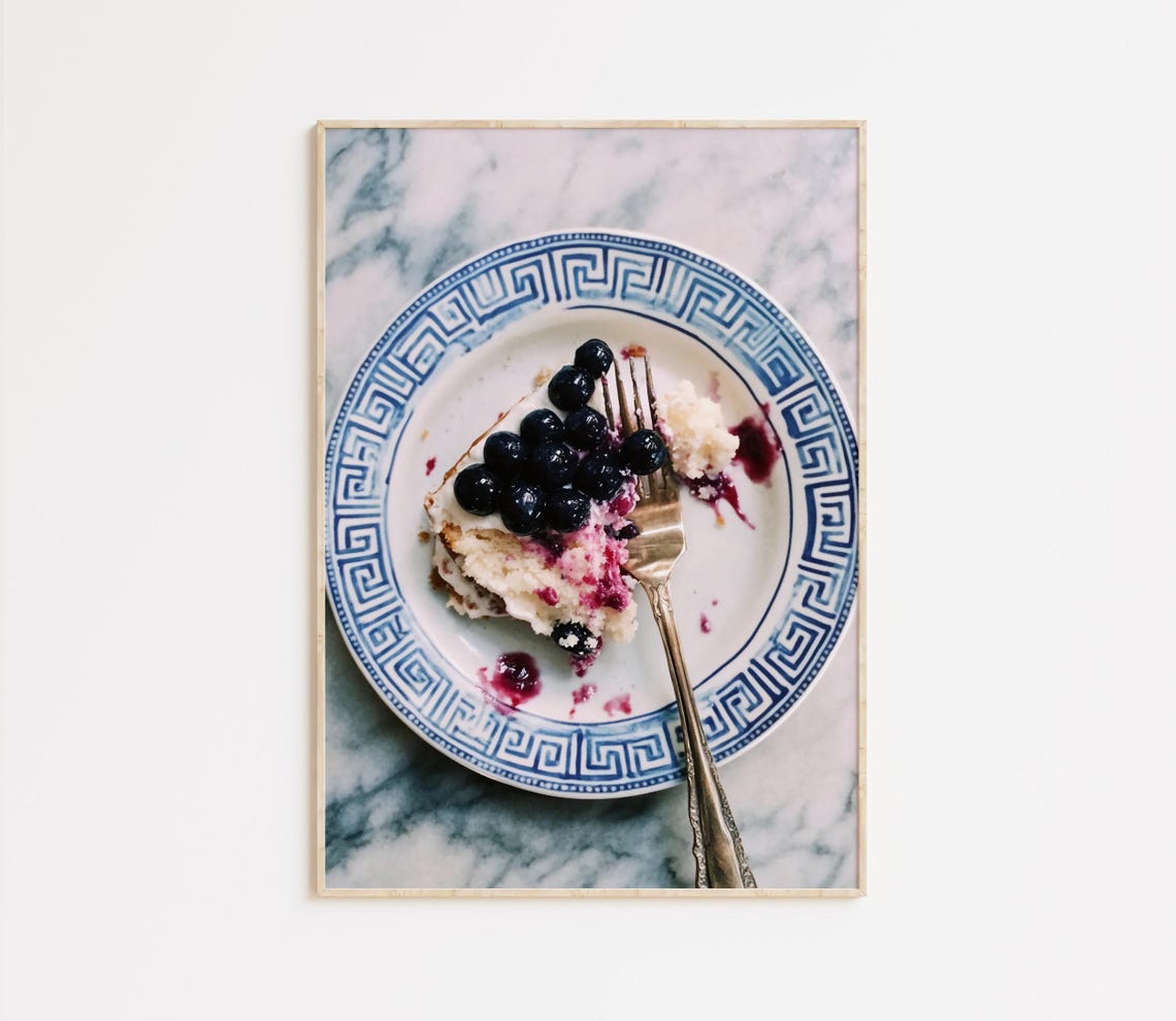 Blueberry Cake Slice Photography Greek Key Plate Marble Kitchen Poster