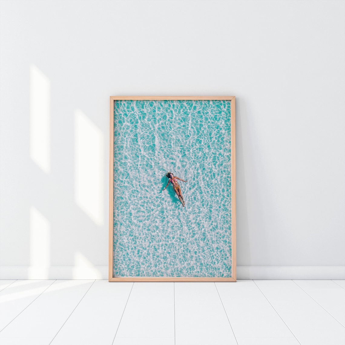 Floating Woman Aerial Turquoise Ocean Swim Coastal Art Poster