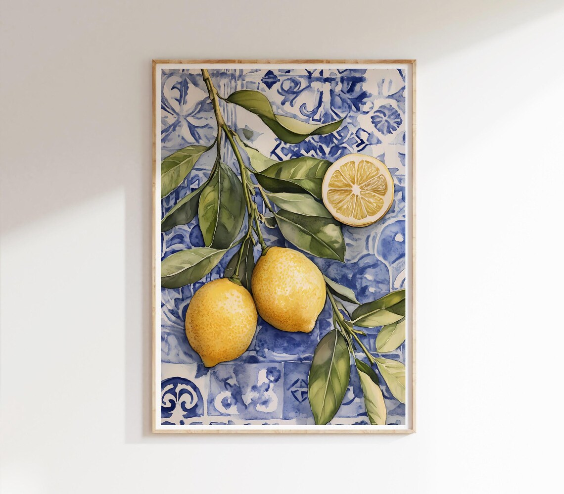 Lemon Branches Watercolor Citrus Kitchen Mediterranean Summer Art Poster