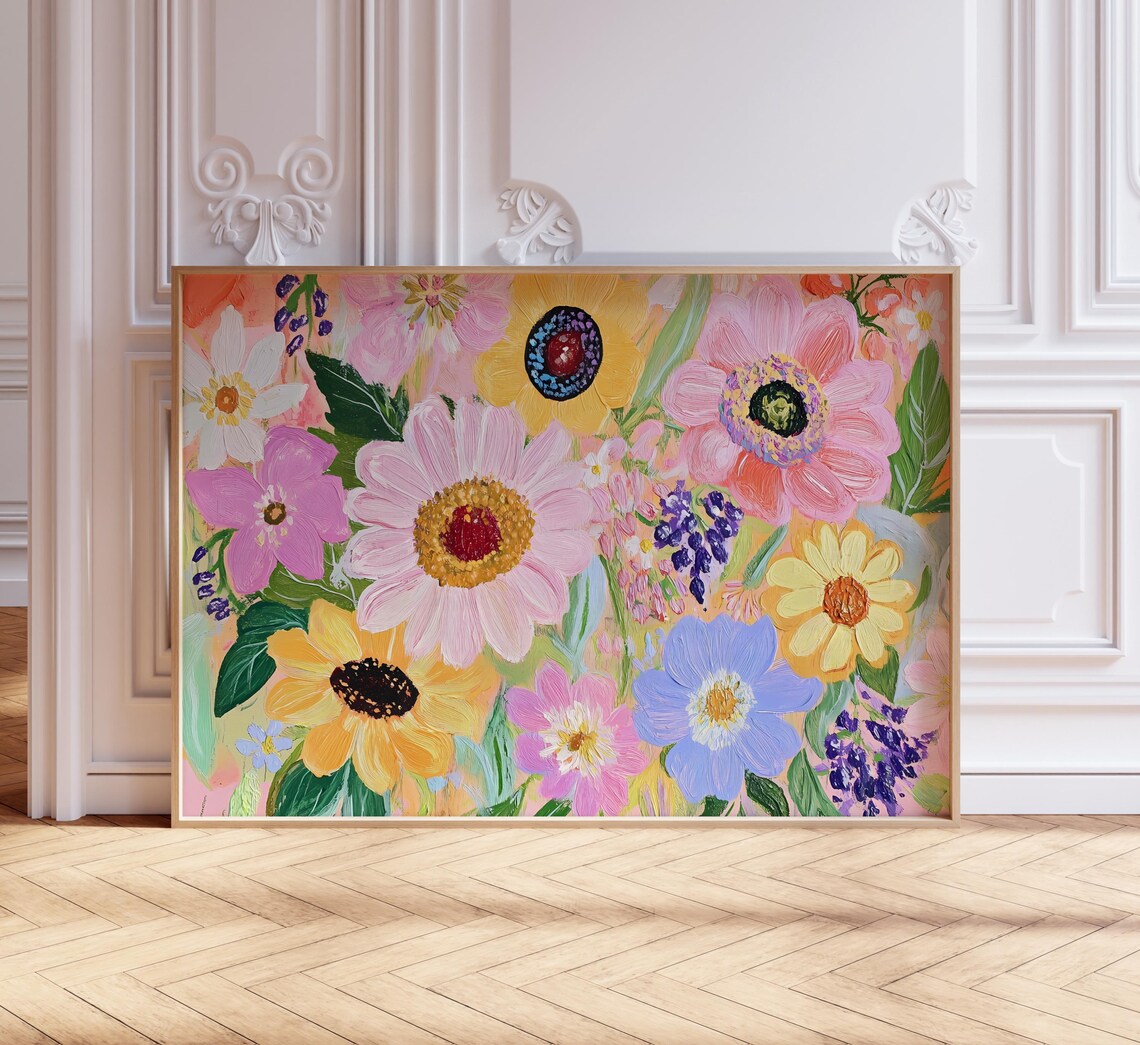 Colorful Wildflower Meadow Oil Painting Style Floral Wall Art