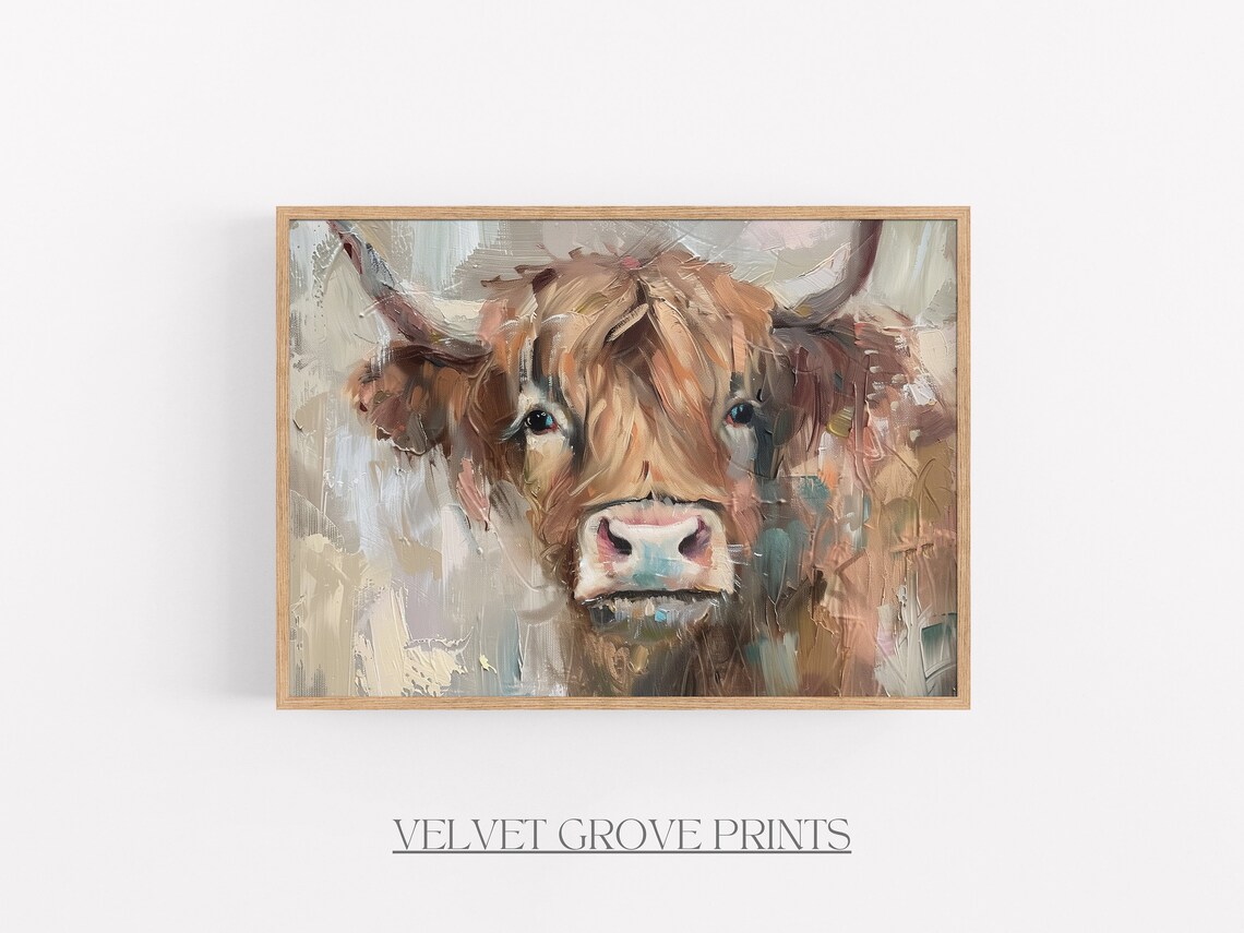 Highland Cow Face Close Up Textured Oil Painting Farm Poster