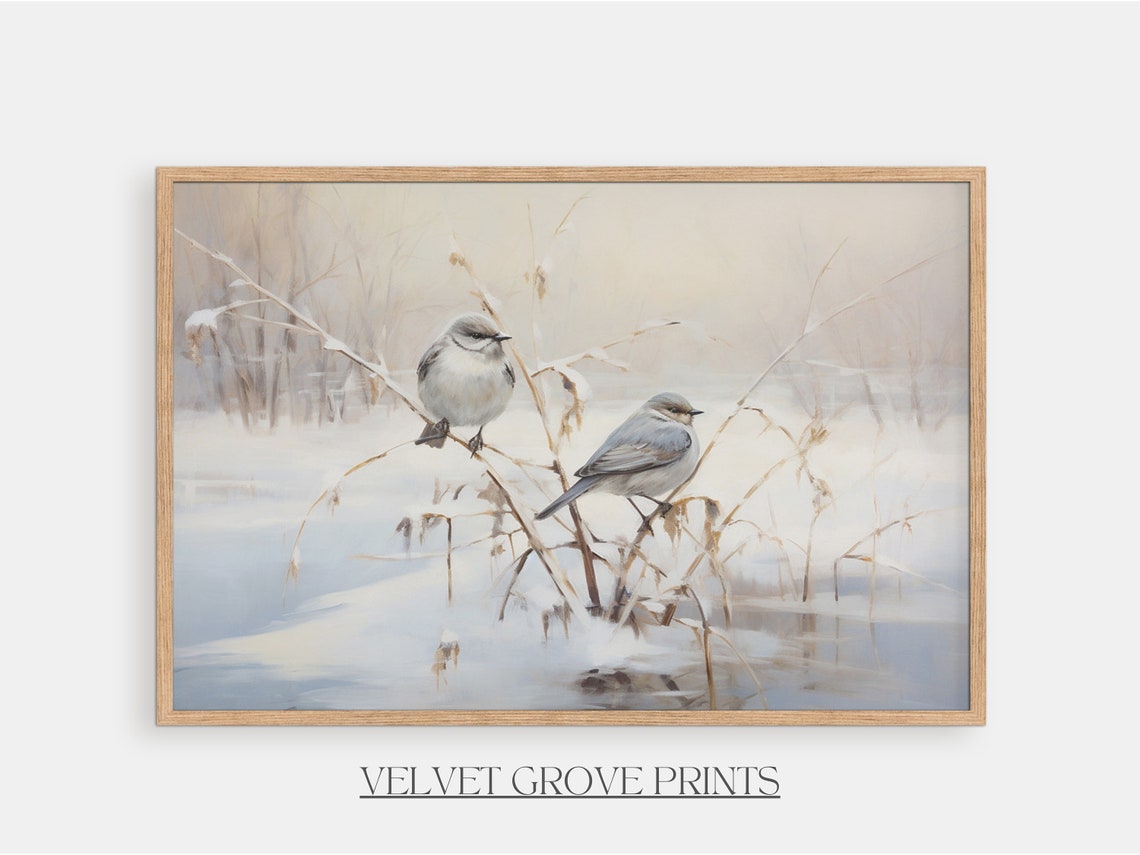 Two Little Songbirds Perched On Snowy Branches Winter Scene Print