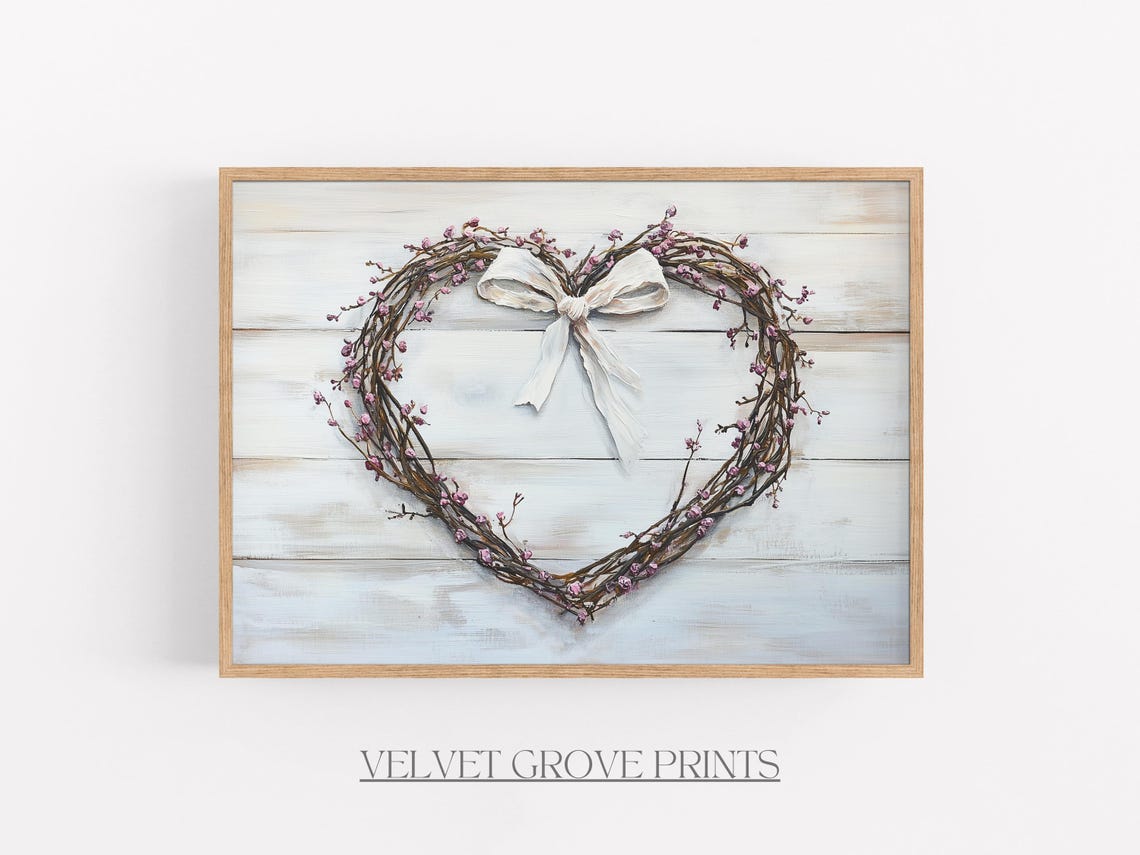 Vintage Heart Wreath with White Bow Rustic Shiplap Love Wall Art