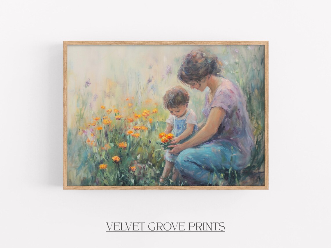 Mother and Child Picking Marigolds Garden Oil Painting Poster