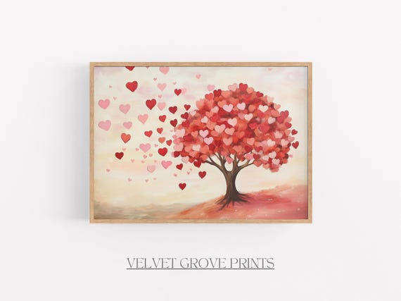 Heart Tree Oil Painting Vintage Valentines Day Print