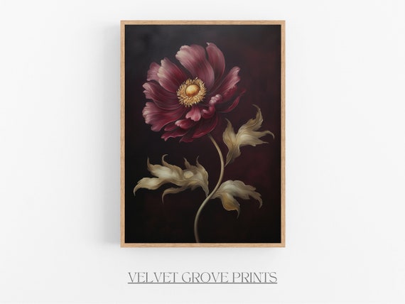 Vintage Maroon Flower Oil Painting Moody Floral Wall Art