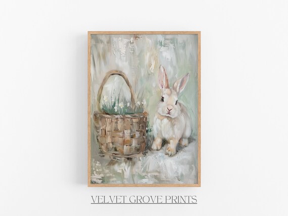 Vintage Rabbit Oil Painting Art Print Spring Wall Decor