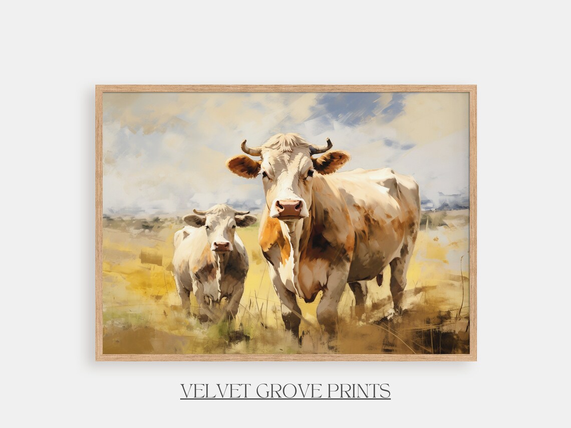 Two Cows Standing In A Golden Meadow Vintage Farm Animal Art Print