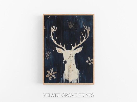 White Reindeer Christmas Oil Painting Snowy Winter Night Poster
