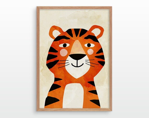Cute Smiling Tiger Face Orange Watercolor Nursery Kids Room Art Poster
