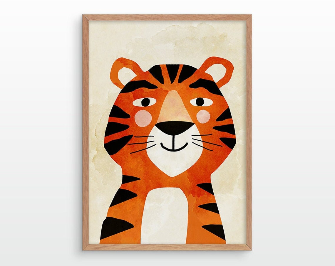 Cute Smiling Tiger Face Orange Watercolor Nursery Kids Room Art Poster