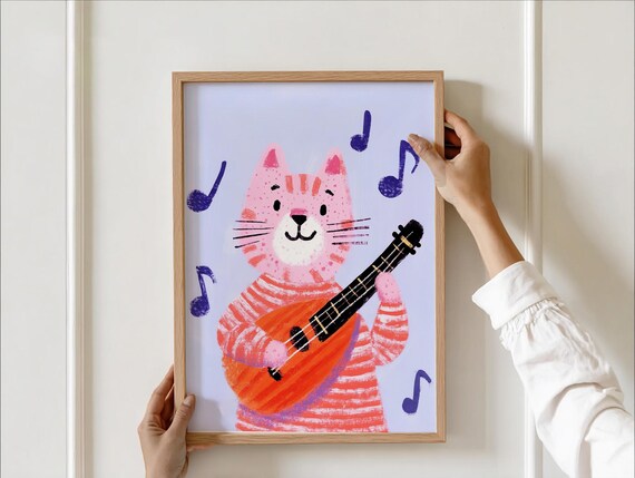 Adorable Pink Cat Playing Guitar Musical Kids Nursery Room Poster