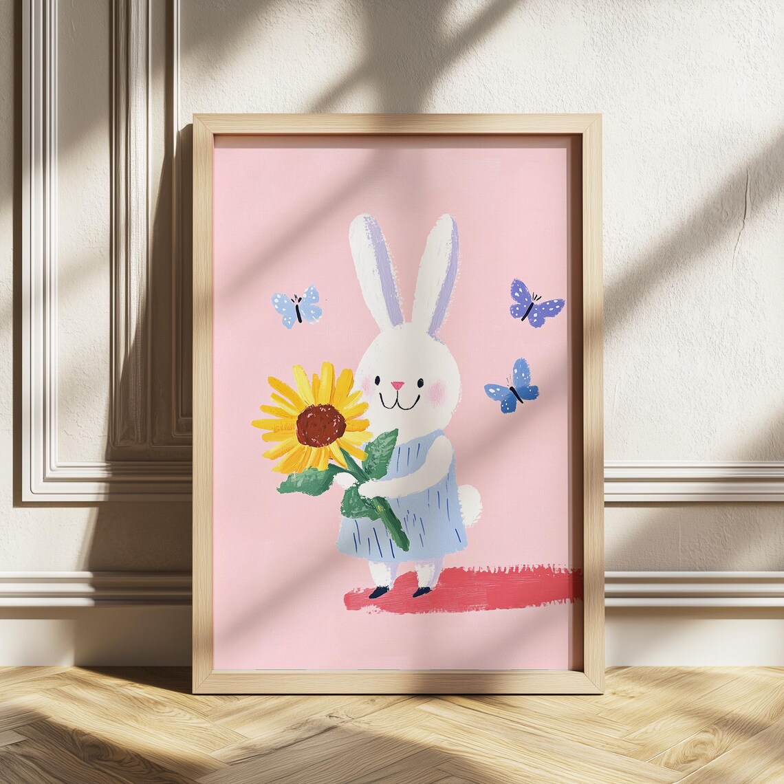 White Bunny with Sunflower and Butterflies Pink Nursery Poster
