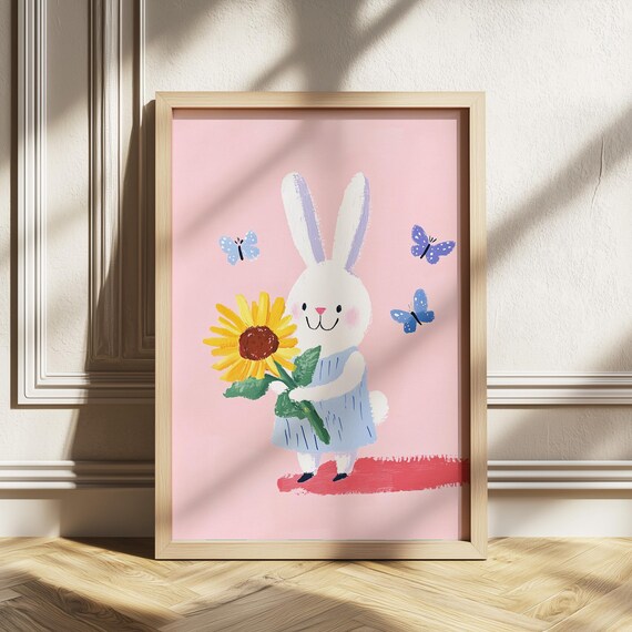 Whimsical Bunny With Sunflower Wall Art Girls Room Decor Cheerful Animal Nursery Print Playroom Soft Pastel Pink