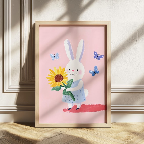 White Bunny with Sunflower and Butterflies Pink Nursery Poster