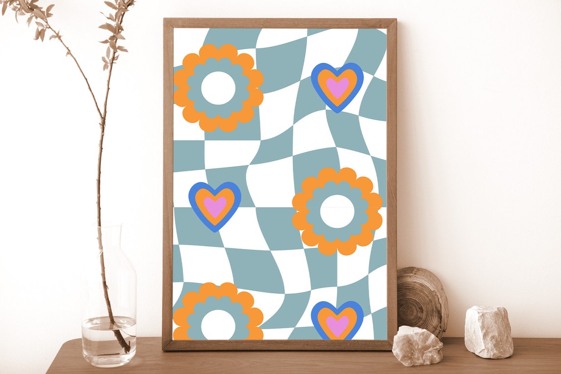 Retro Checkered Daisy and Hearts Funky 70s Geometric Wall Art