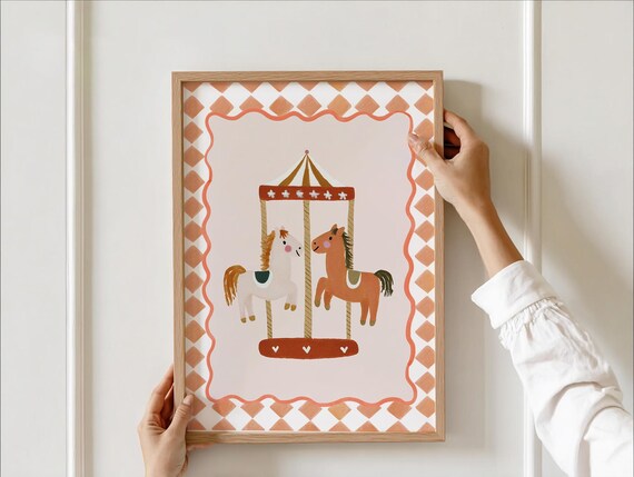 Carousel Horse Nursery Print Retro Kids Room Wall Art Circus Theme Decor Playroom Poster Whimsical