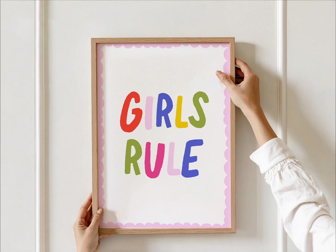 Girls Rule Rainbow Lettering Scalloped Edge Nursery Kids Poster