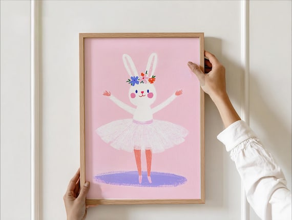 Bunny Ballerina in White Tutu with Flower Crown Nursery Poster