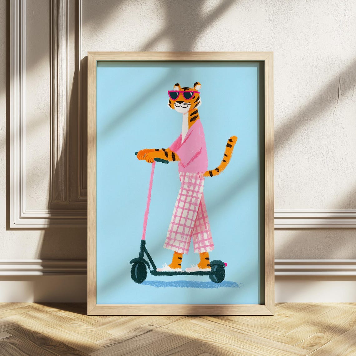Cool Tiger in Sunglasses Riding a Scooter Kids Nursery Poster
