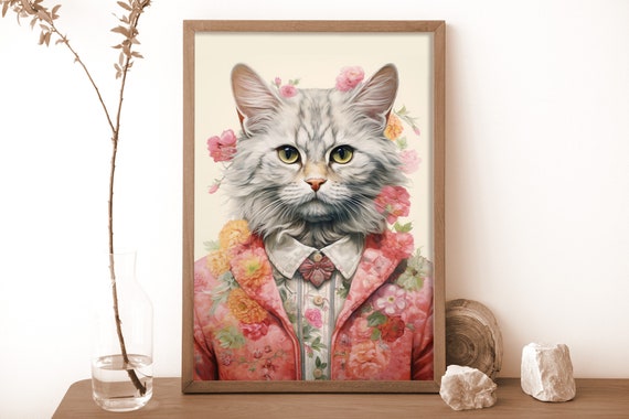 Cute Cat Portrait In Human Body Poster Maximalist Floral Wall Art Funky Decor For Lovers Unique