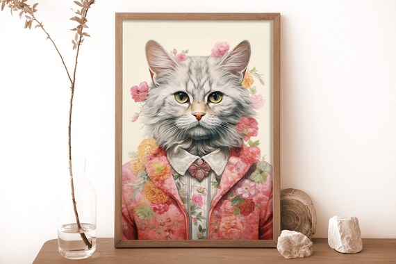 Fluffy Gray Cat in a Pink Floral Suit Quirky Maximalist Pet Portrait Poster for Cat People