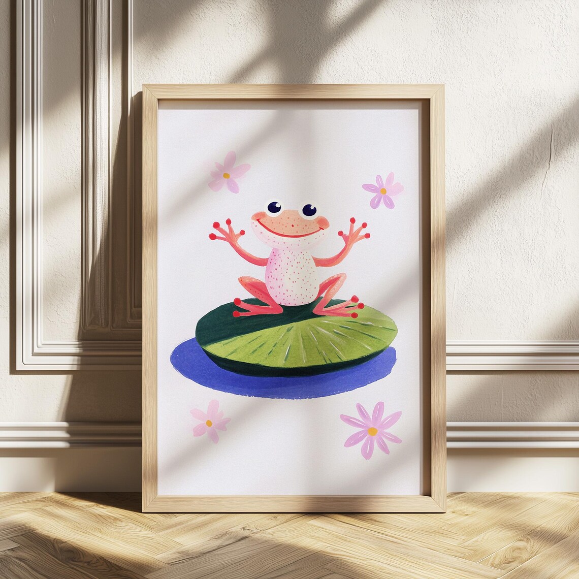 Happy Pink Frog On Lily Pad Whimsical Nursery Animal Wall Poster