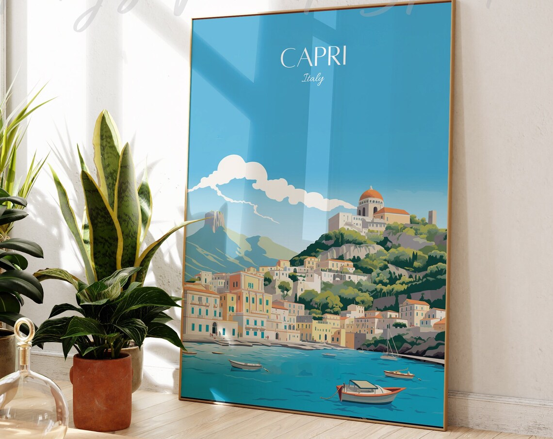 Capri Italy Travel Poster Coastal Town Boats Mediterranean View