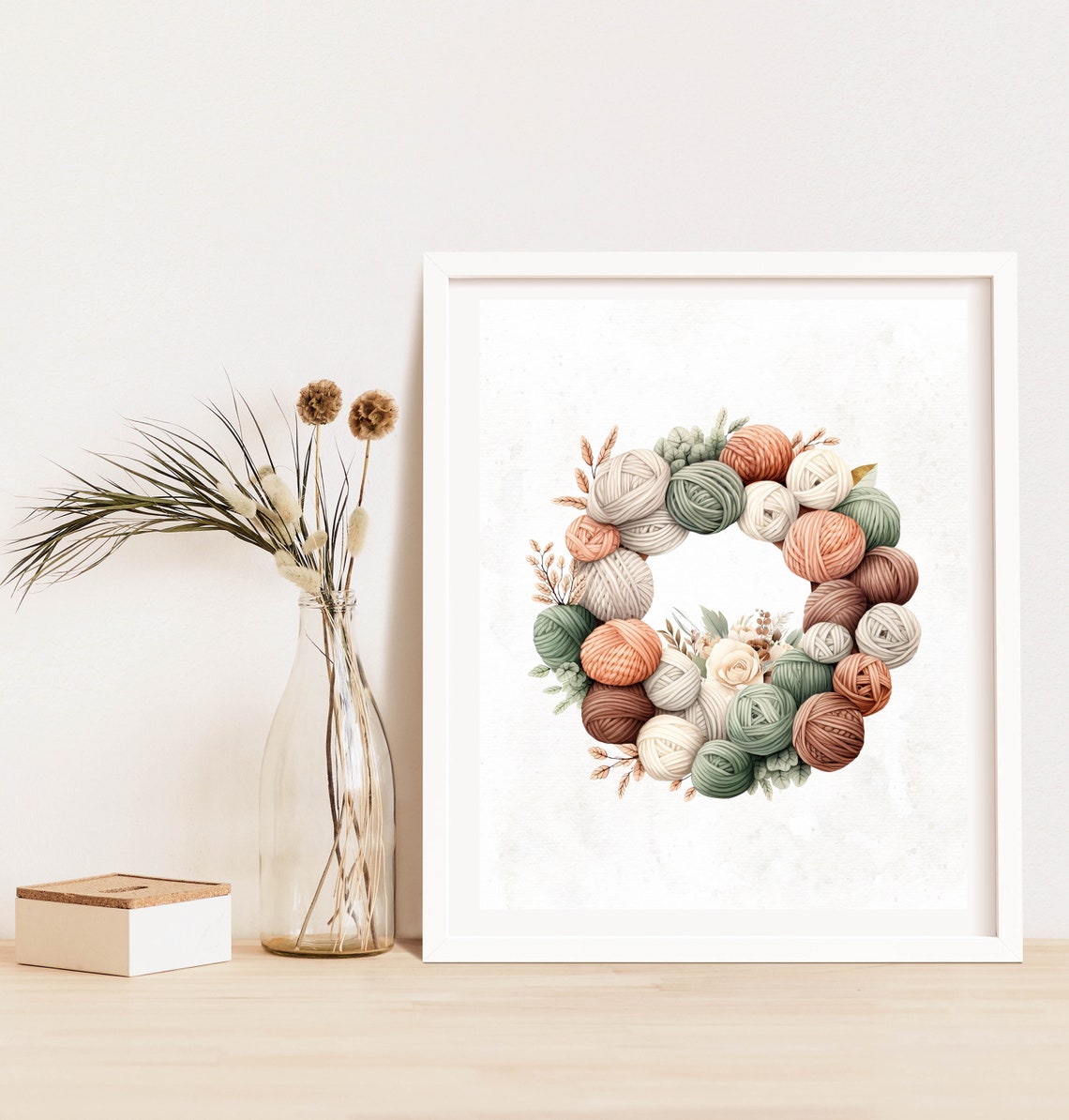 Pastel Yarn Ball Wreath Watercolor Knitting Craft Room Wall Art - Image 4
