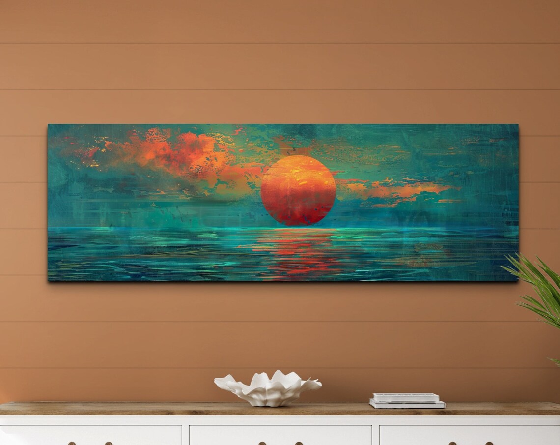 Sunset Over The Emerald Green Ocean, Vintage Painting