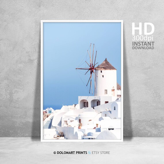 Santorini Windmill With White Buildings Blue Sky Greece Travel Poster