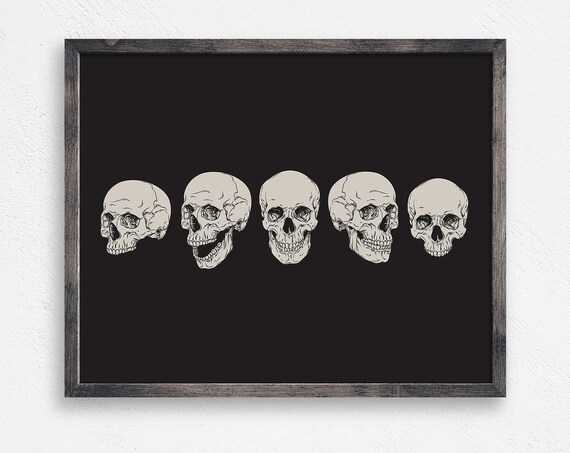 Five Skulls Row Black Background Vintage Halloween Spooky Skull Illustration Poster