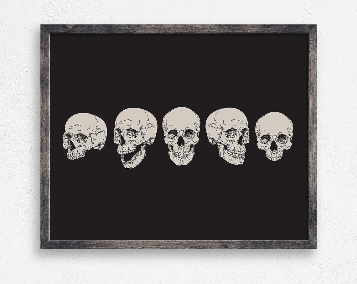 Five Skulls Row Black Background Vintage Halloween Spooky Skull Illustration Poster
