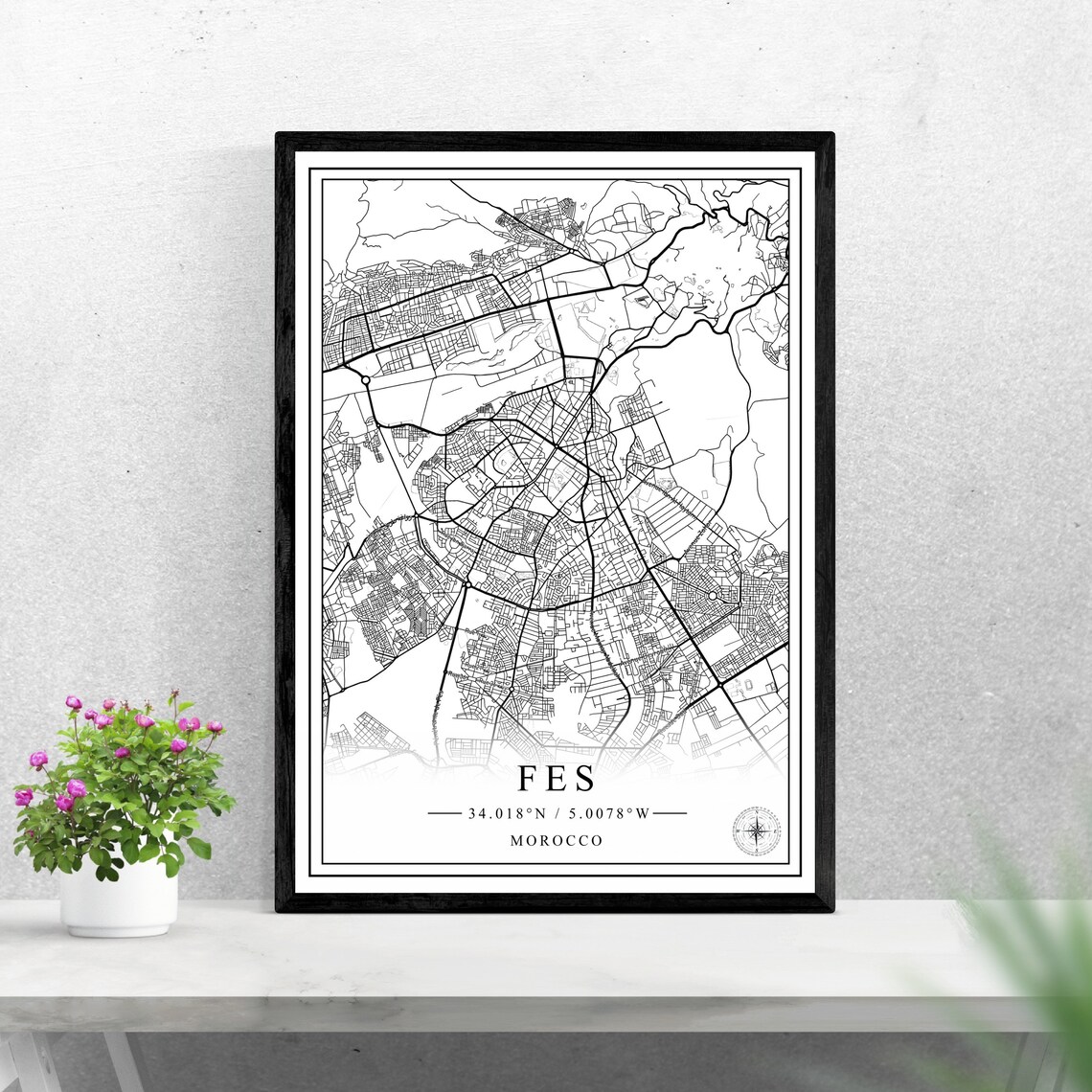 Fes Morocco Black And White City Street Map With Coordinates Art Poster