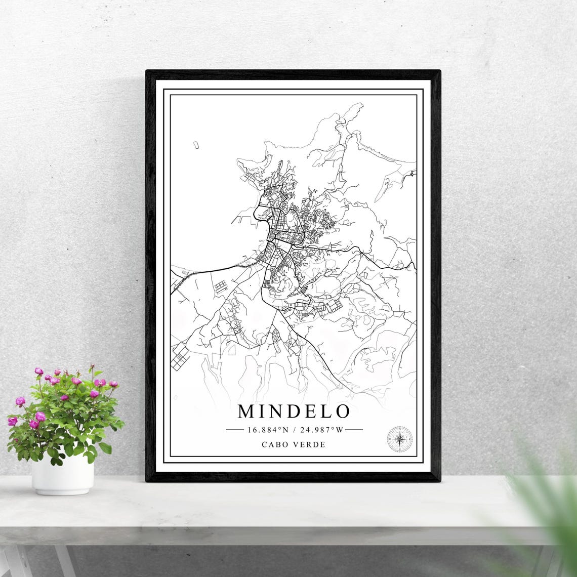 Mindelo Cabo Verde City Map Poster, Black White Minimalist Travel Gift