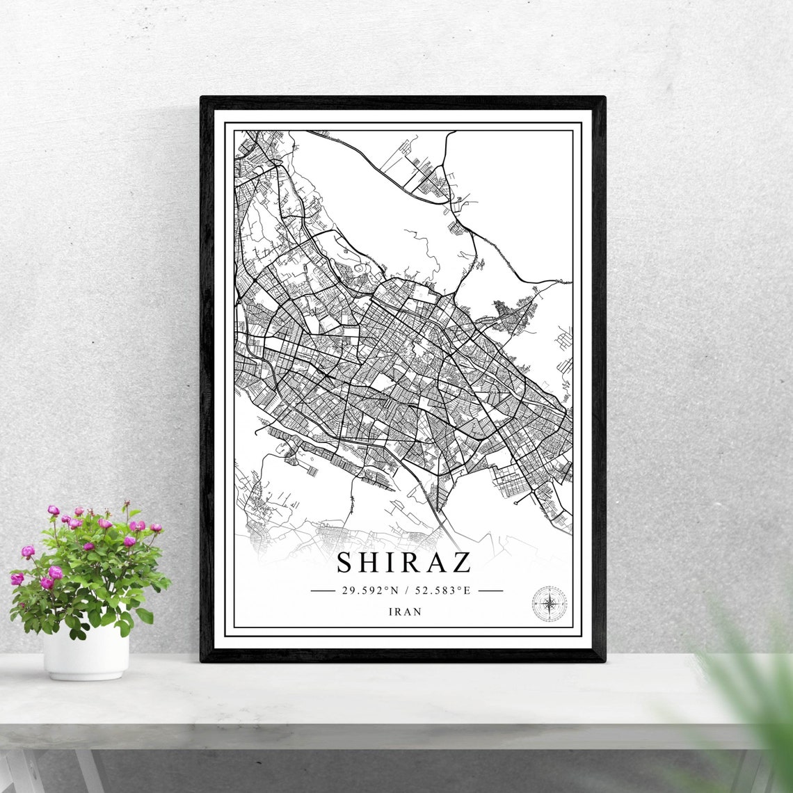 Shiraz Iran Black and White City Map Travel Poster Wall Decor