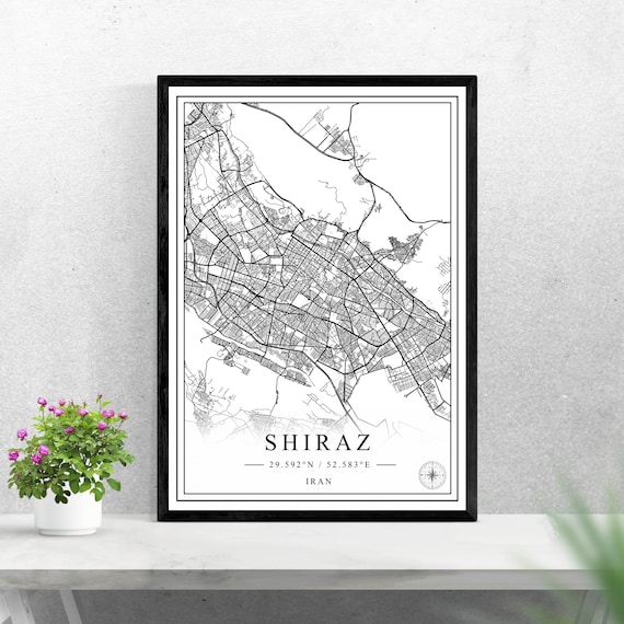 Shiraz Iran Black and White City Map Travel Poster Wall Decor