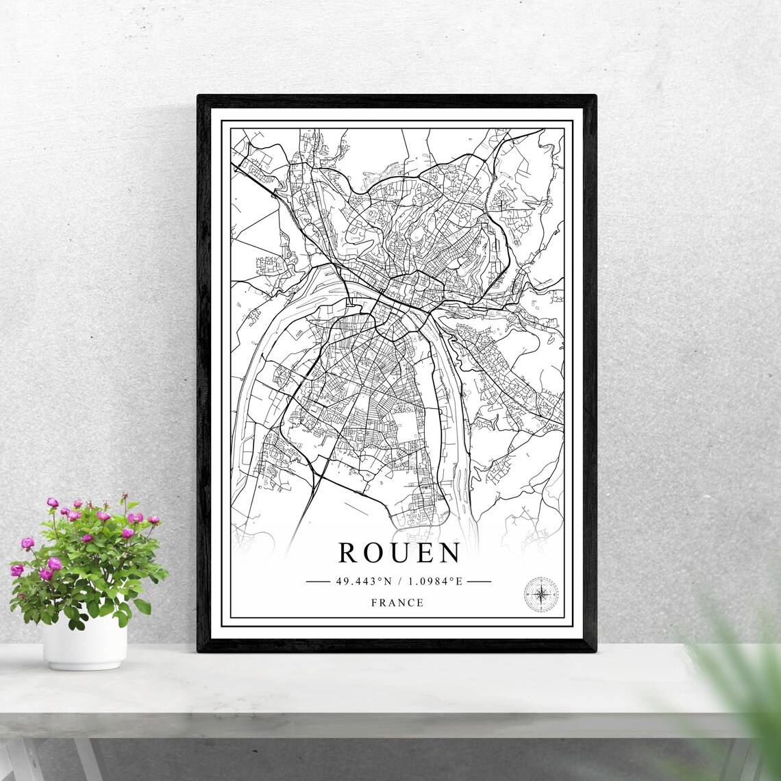 Rouen France Minimalist Black And White City Map Street Art Poster