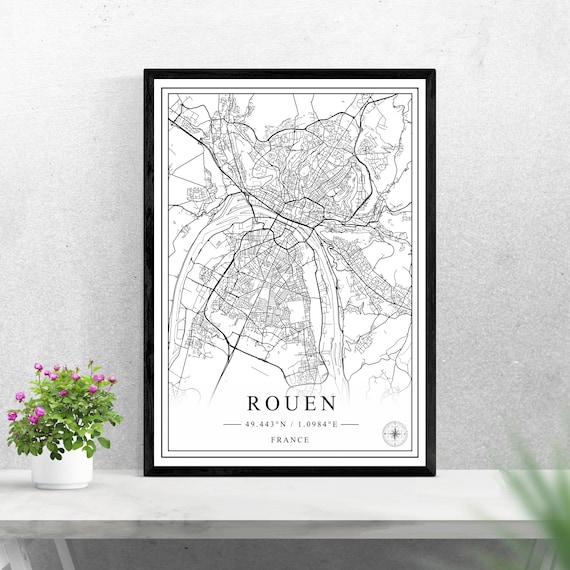 Rouen France Minimalist Black And White City Map Street Art Poster