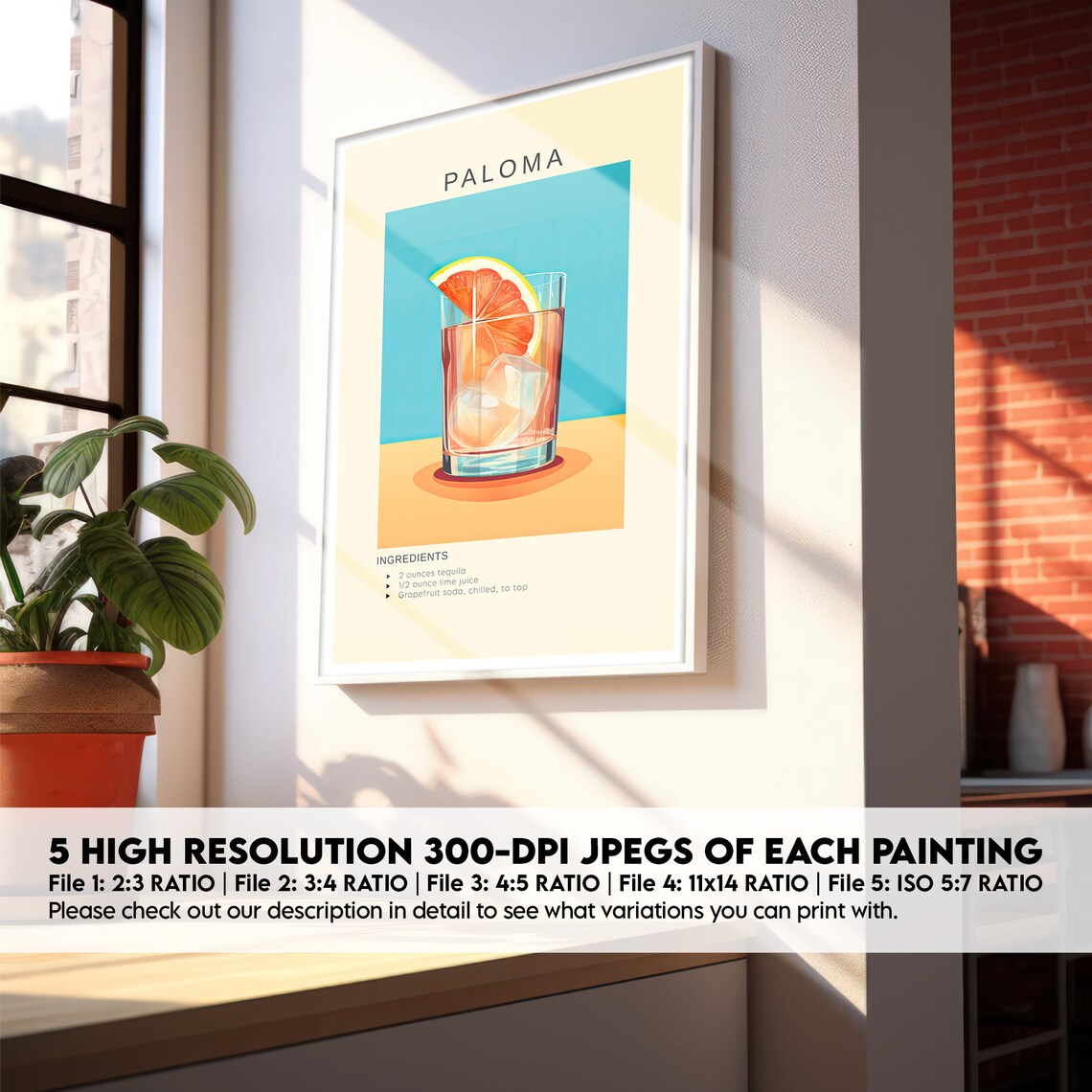 Paloma Cocktail Art Print, Bar Cart Wall Decor - Image 2