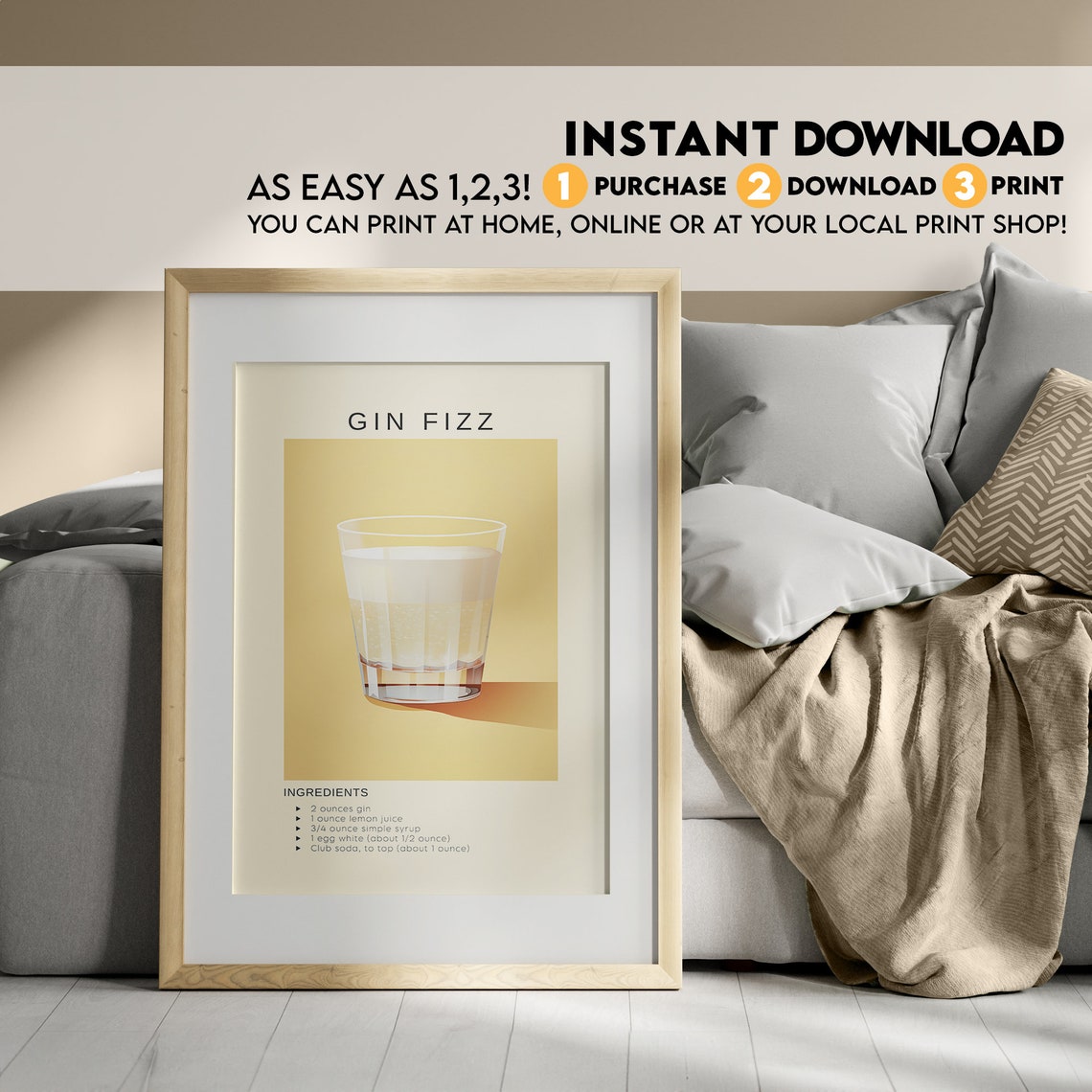 Gin Fizz Classic Cocktail Recipe Frothy Citrus Bar Cart Poster - Image 3