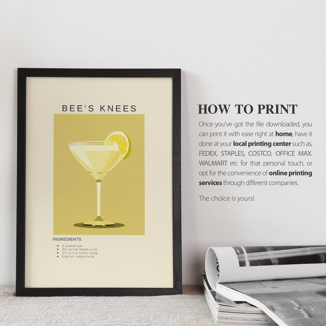 Bee's Knees Gin Honey Cocktail Recipe Retro Martini Glass Poster - Image 3