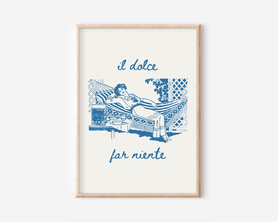 Il Dolce Far Niente Retro Hammock Relaxation Blue Ink Poster - Image 2