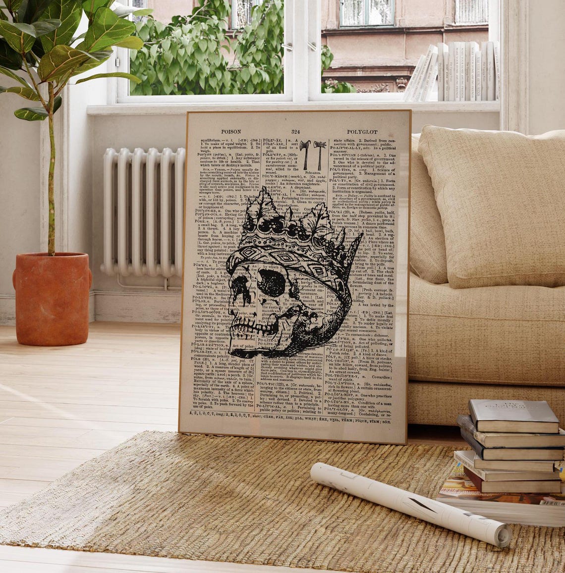 Skull Over Vintage Dictionary Page Gothic Halloween Art Poster - Image 3