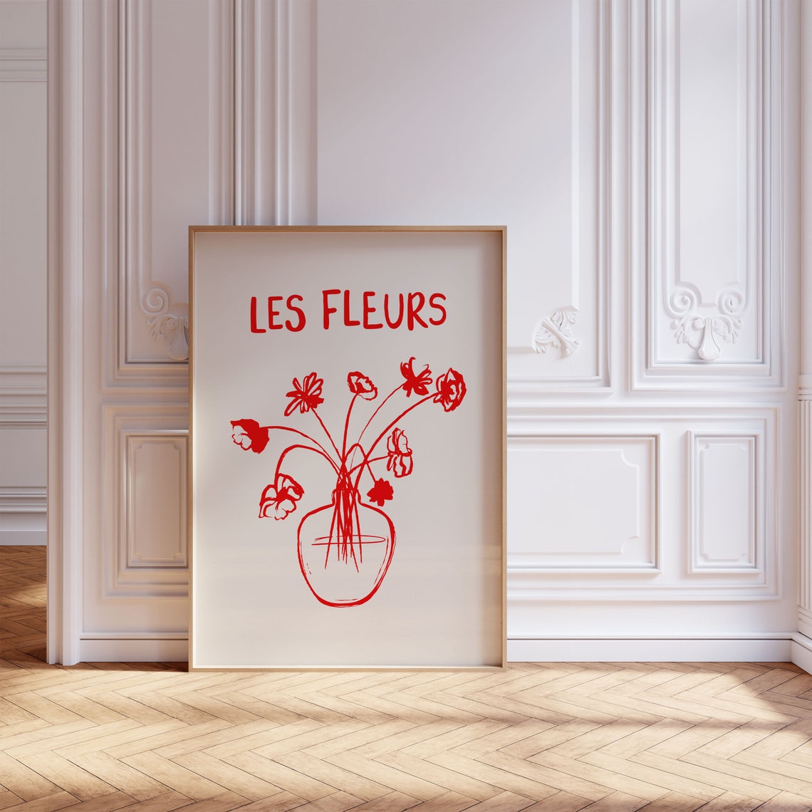Red Les Fleurs Flower Vase Botanical Line Art Hand Drawn Poster - Image 3