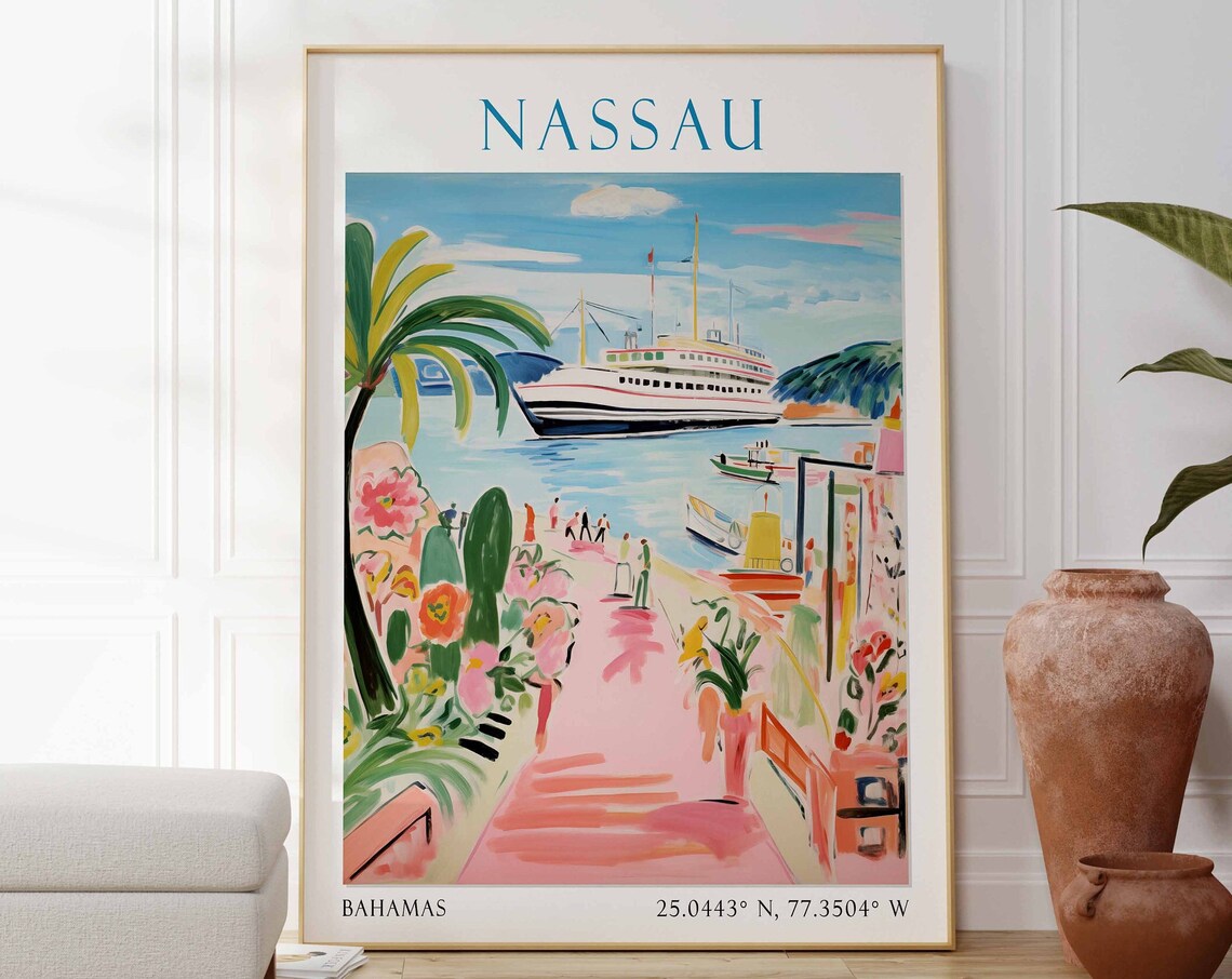 Nassau Cruise Ship Pink Pier Promenade Bahamas Travel Poster