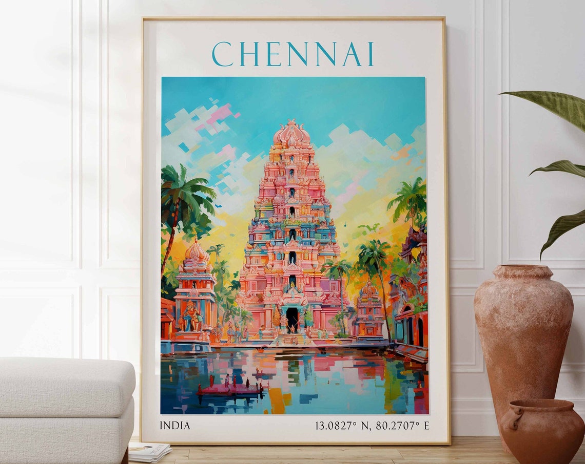 Chennai India Colorful Hindu Temple Tower with Palm Trees Poster