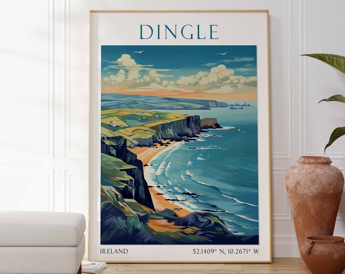 Dingle Ireland Golden Cliffs Over Sandy Beach Coastal Travel Poster