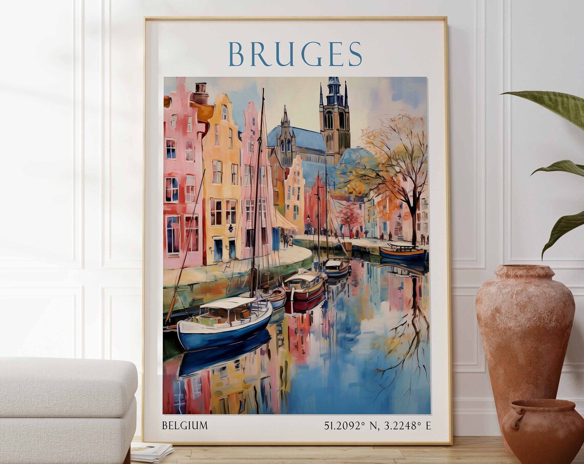 Bruges Canal Boats Medieval Buildings Reflection Belgium Travel Poster